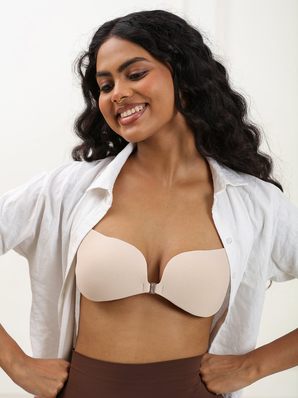 Adhesive Bra with Front Clip – Cotton, AirLock Glue, Extra Lift & Shape, Seamless Invisible Finish Bra UNDERNEAT Beige S