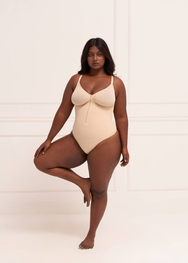Front Zip Thong Bodysuit Bodysuit UNDERNEAT Beige S